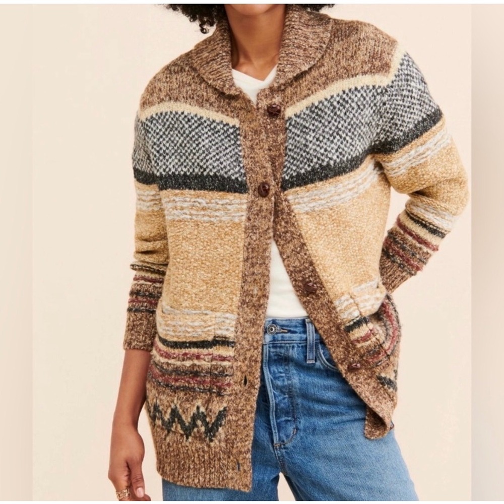The Normal Brand Cardigan Brown Southwestern Stripe Shawl Collar Anthropologie L